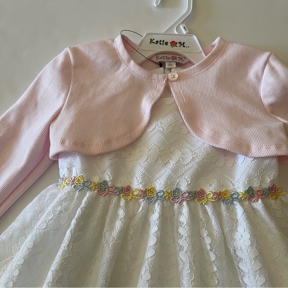 Two Pieces White Lace Long Sleeve Pink Bolero Girls Dress - Picture 2 of 5